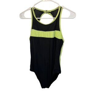 Black & Neon Green One-Piece Swimsuit With Open Back & Built-In Bra By Miraclesu